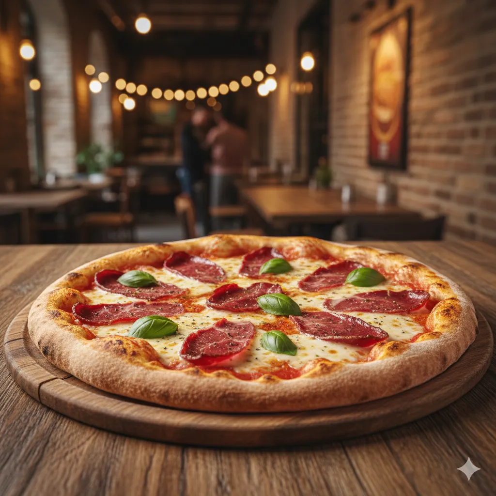 Himpasto'nun özel pastırmalı pizzası masada