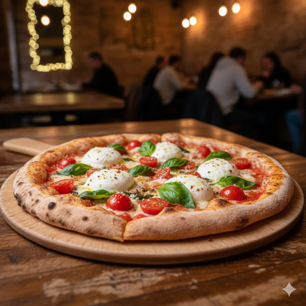 Himpasto'dan ince hamurlu, taze malzemeli lezzetli bir pizza