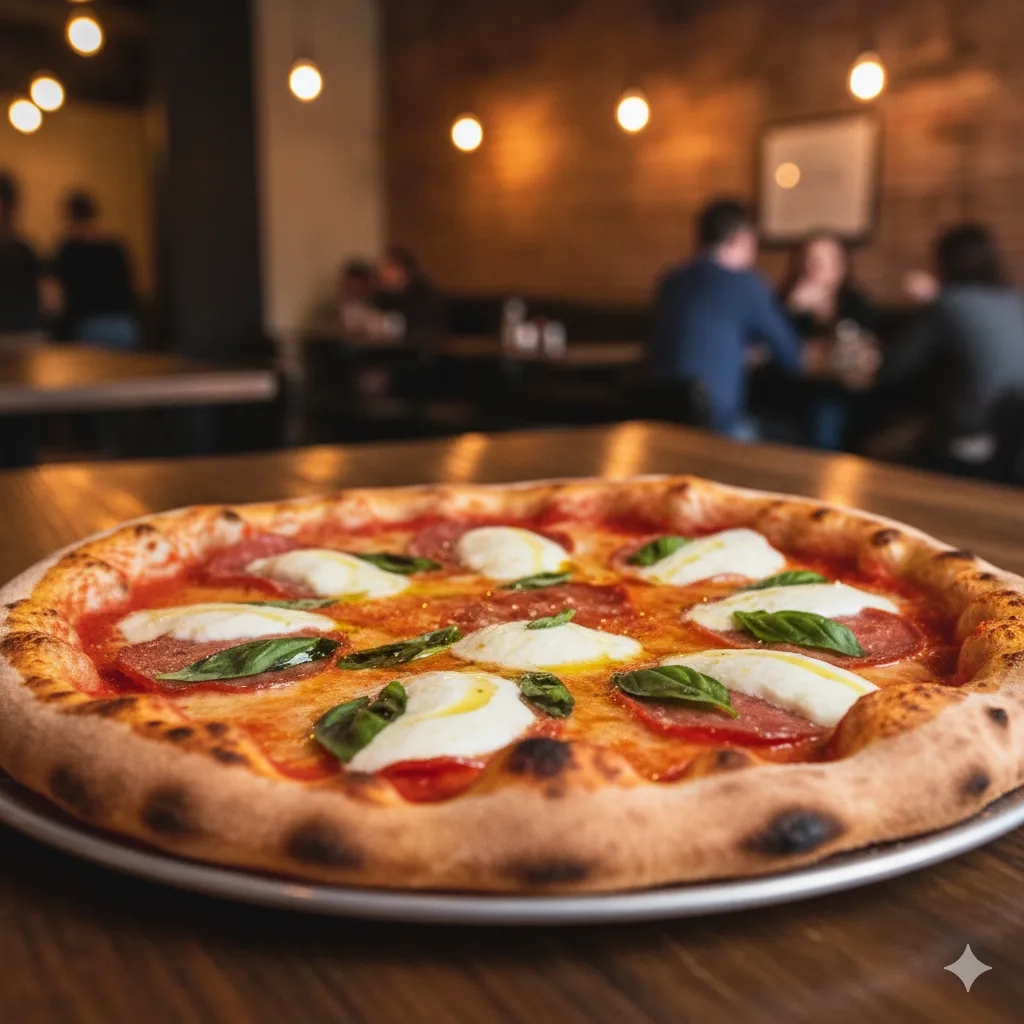 Delicious artisan pizza on wooden table, close up, warm lighting, cozy atmosphere